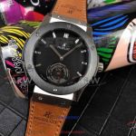 Perfect Replica Hublot Classic Fusion Black Steel Bezel Black Tourbillon Face Brown Leather 43mm Watch
